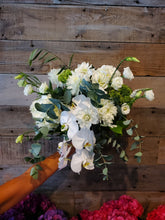 Load image into Gallery viewer, A beautiful example of a white and green bouquet. Lisaenthus, Roses, Dahlias, Hydrangeas, Orchids and Eucalyptus are all part of this. 
