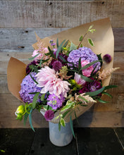 Load image into Gallery viewer, Gorgeous violets and jewel tone flowers are the ultimate complimentary bouquet.
